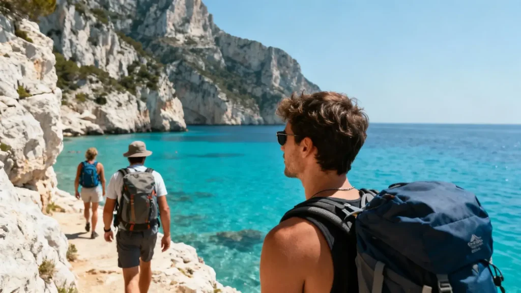 Groupe de randonneurs explorant les calanques d'En-Vau avec falaises calcaires et eaux turquoises en méditerranée