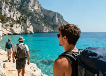 Groupe de randonneurs explorant les calanques d'En-Vau avec falaises calcaires et eaux turquoises en méditerranée