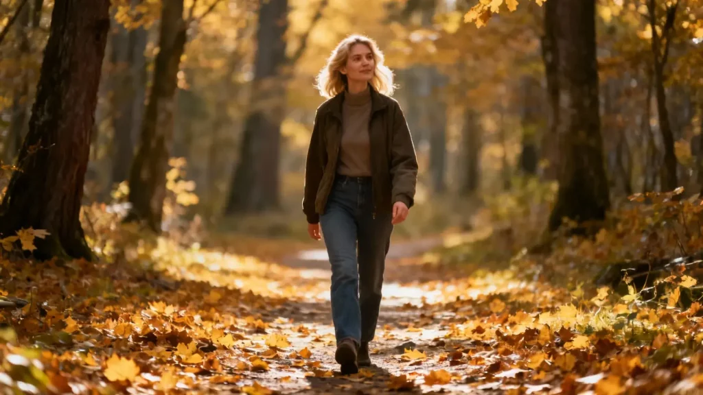 Femme marchant sur un sentier forestier en automne entourée d'arbres aux couleurs dorées et de feuilles tombées