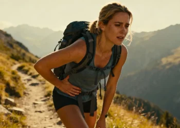 Femme européenne souffrant de douleur à la hanche pendant une randonnée en montagne, tenant sa hanche