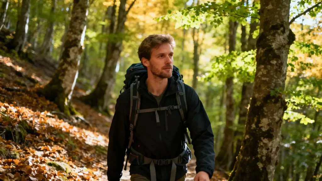 Randonneur avec sac à dos marchant sur un sentier de montagne dans une forêt dense de hêtres aux tons verts et dorés
