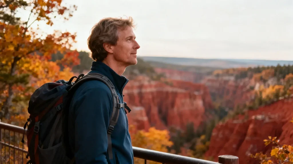 Randonneur européen debout face aux gorges Daluis, paysage de canyon rouge et feuillage d'automne