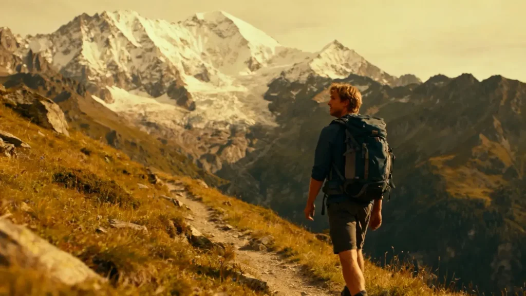 Randonneur européen avec sac à dos marchant sur un sentier de montagne avec le massif du Mont Rose en arrière-plan