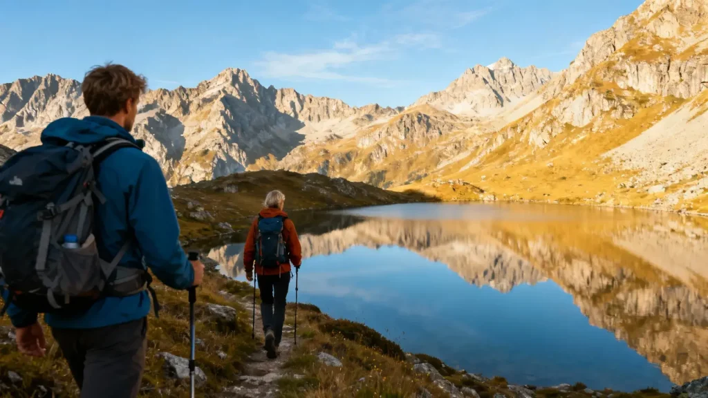 Groupe de randonneurs devant un lac de montagne entouré de sommets enneigés sous un ciel bleu