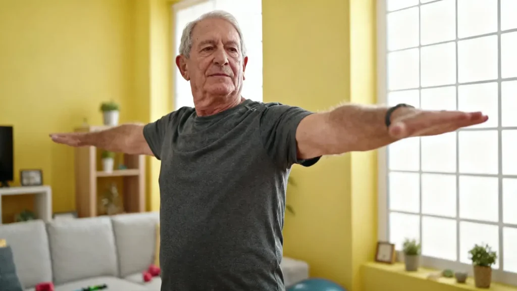 Homme âgé souriant faisant des exercices de maintien de l'équilibre dans un salon lumineux