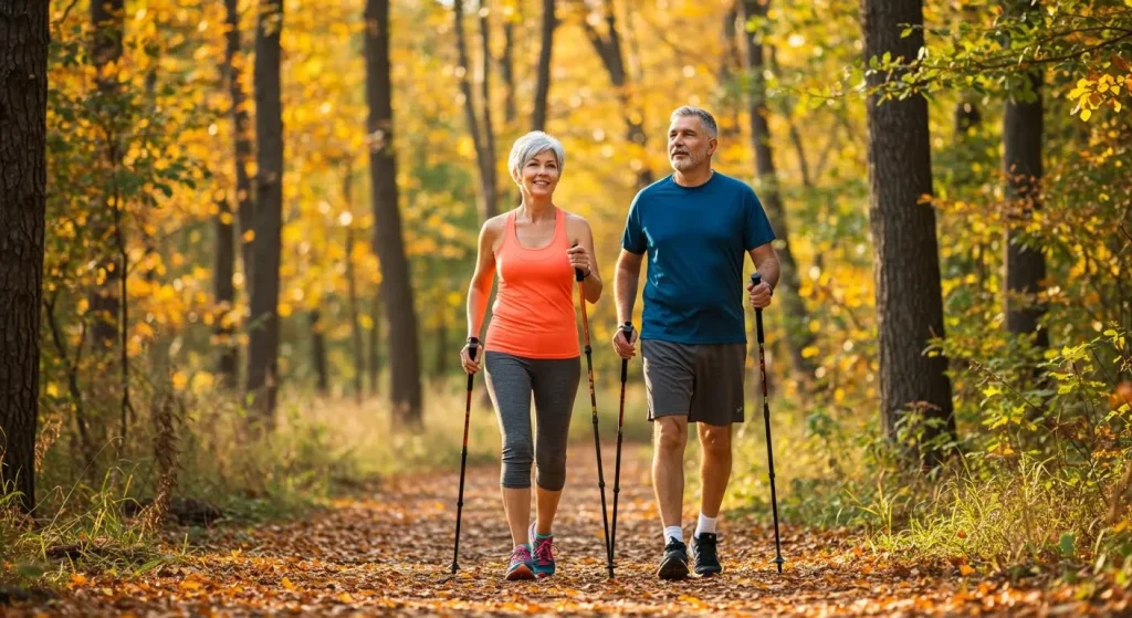 Couple marchant dans une forêt pour améliorer leur santé
