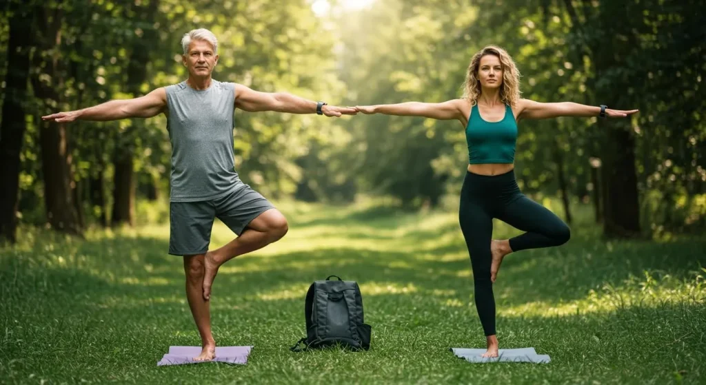 Couple pratiquant des exercices de proprioception en forêt
