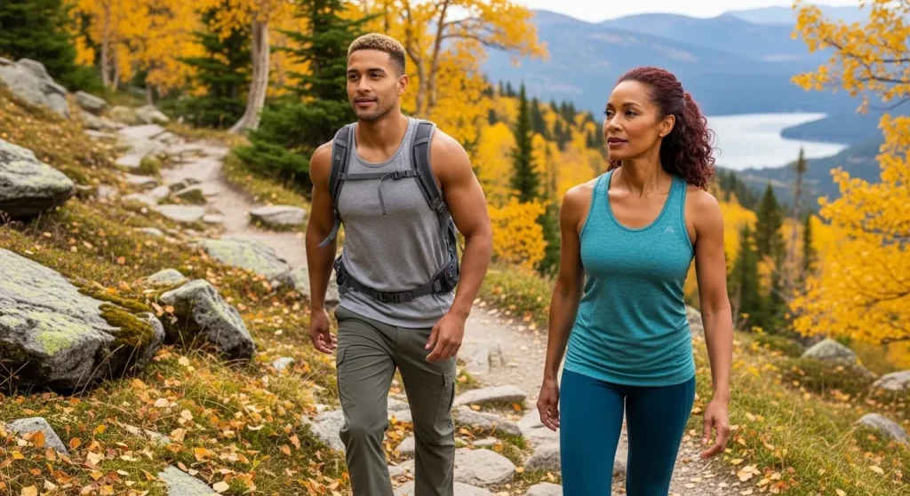 Couple en randonnée automnale sur un sentier alpin