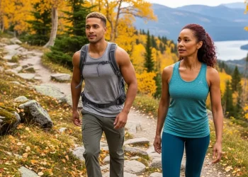 Couple en randonnée automnale sur un sentier alpin