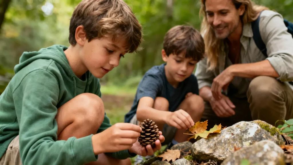 Famille européenne avec enfants examinant des feuilles et cailloux pendant une promenade en forêt