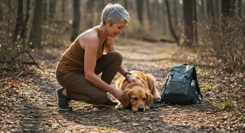 Femme examinant les pattes de son chien en randonnée