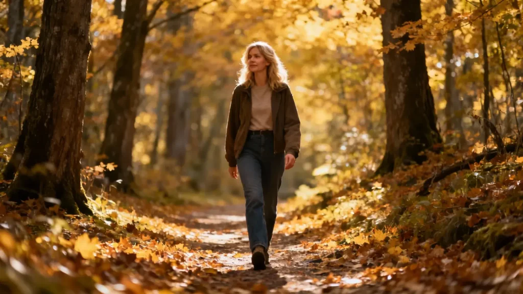 Femme européenne marchant paisiblement sur un sentier forestier en automne, entourée d'arbres aux couleurs chaudes