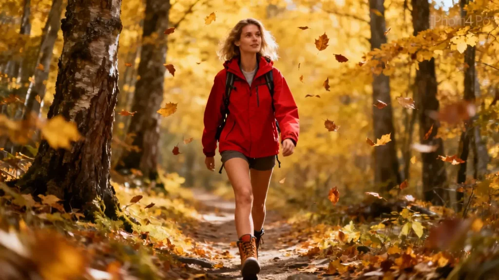 Femme européenne souriante marchant sur un sentier forestier entouré d'arbres aux feuilles dorées en automne