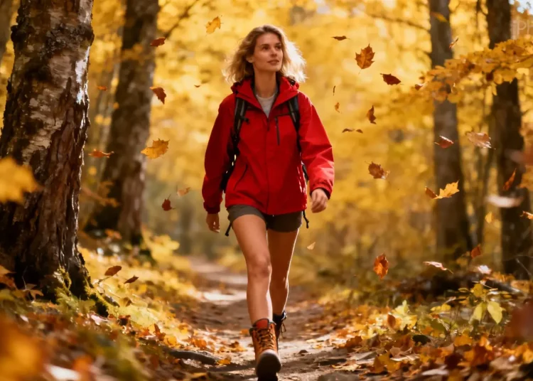 Femme européenne souriante marchant sur un sentier forestier entouré d'arbres aux feuilles dorées en automne
