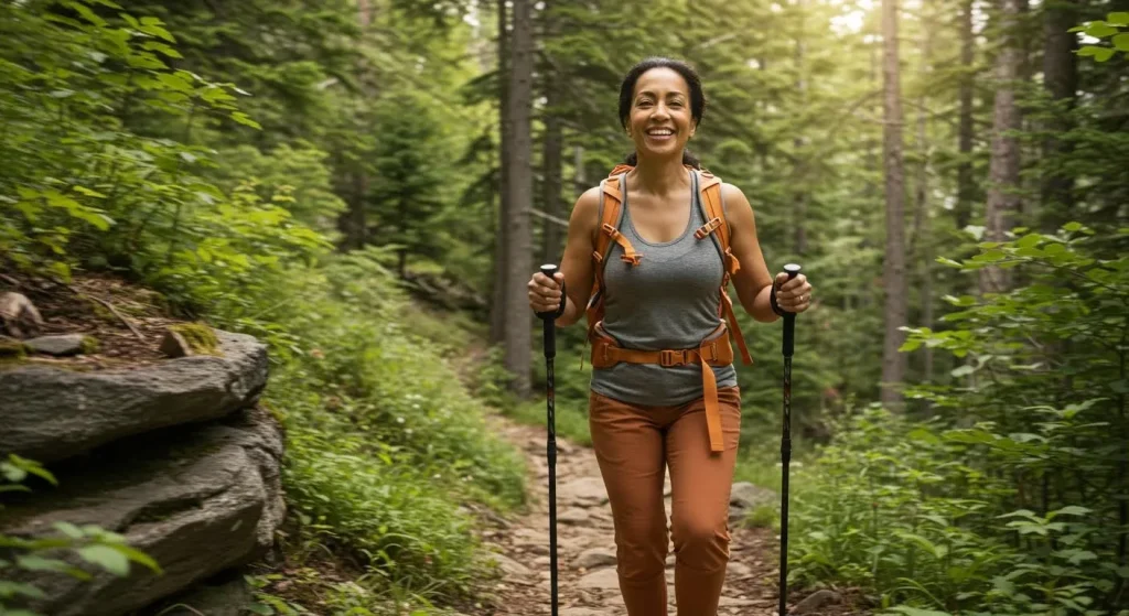 Femme souriante marchant en forêt avec bâtons de randonnée
