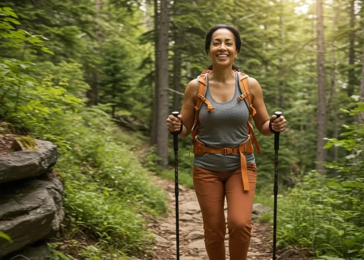 Femme souriante marchant en forêt avec bâtons de randonnée