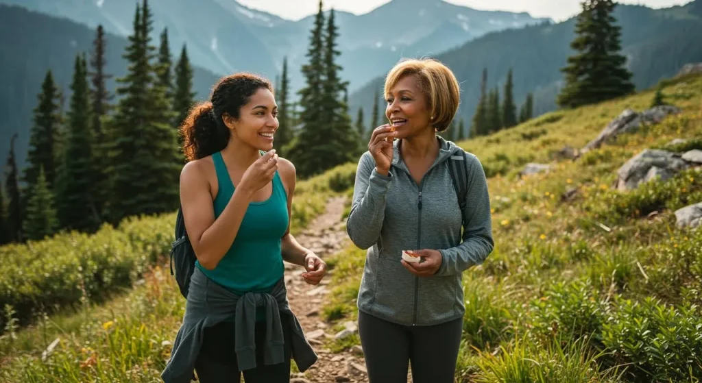 Deux femmes souriantes partagent un snack lors d’une randonnée en forêt alpine