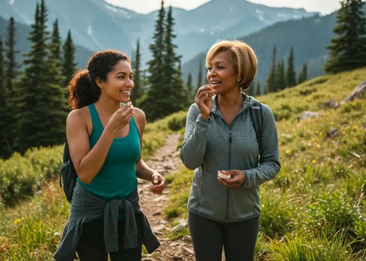 Deux femmes souriantes partagent un snack lors d’une randonnée en forêt alpine