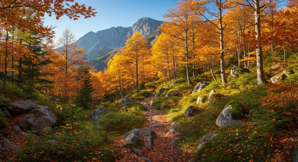 Sentier forestier automnal avec feuillage coloré