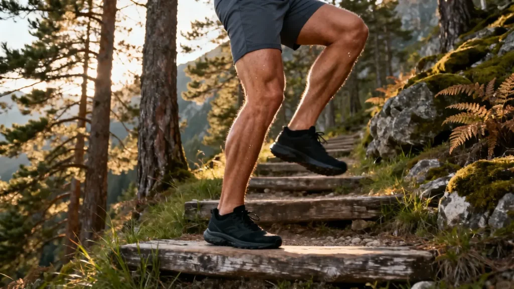 Homme athlétique européen effectuant des élévations de mollets sur un sentier de randonnée en forêt montagneuse