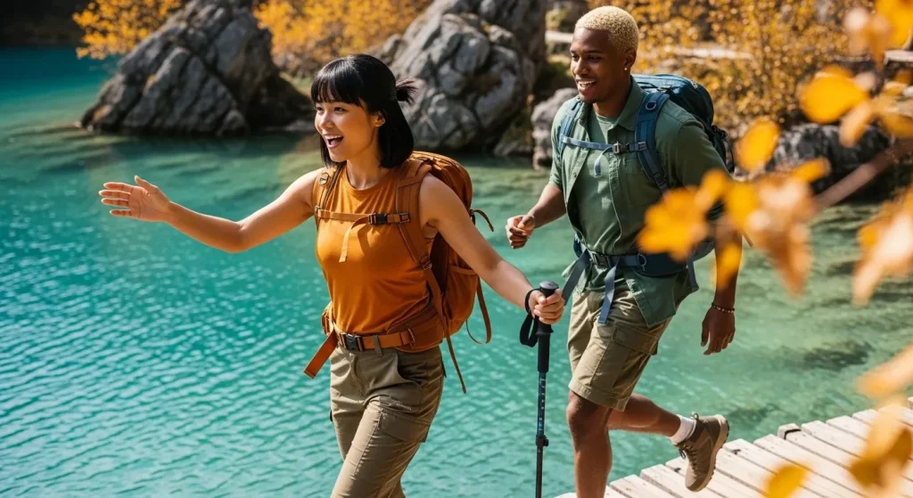 Couple randonnant sur un sentier en Europe avec lac turquoise