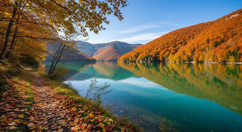 Lac du Verdon avec eaux émeraude et feuillage automnal