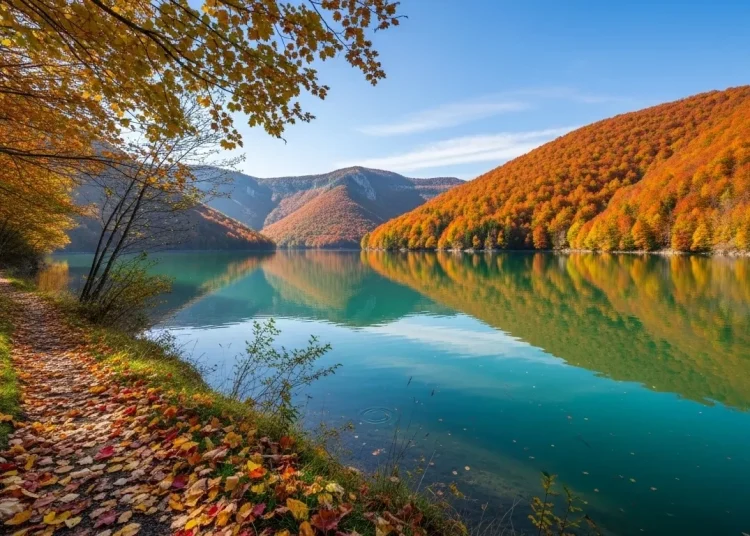 Lac du Verdon avec eaux émeraude et feuillage automnal