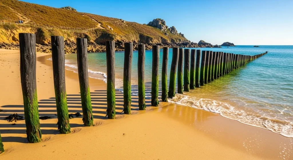 Pieux médiévaux émergeant du sable en Bretagne