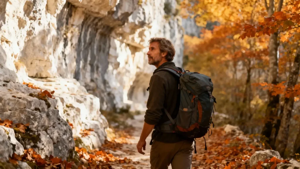 Randonneur avec sac à dos marchant dans les gorges de l'Ardèche entouré de falaises calcaires sous une lumière dorée