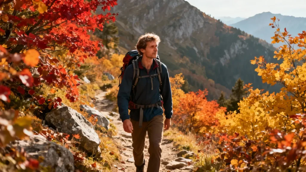 Randonneur avec sac à dos marchant sur un sentier de montagne entouré de couleurs automnales