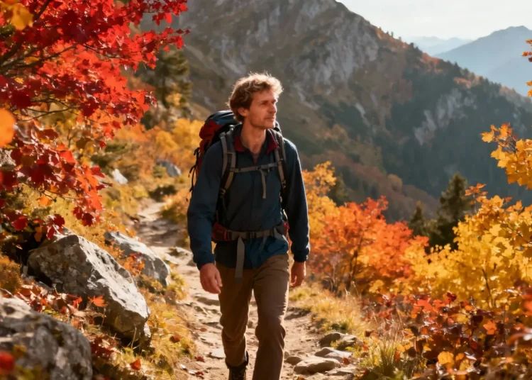 Randonneur avec sac à dos marchant sur un sentier de montagne entouré de couleurs automnales