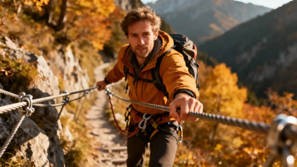 Randonneur européen utilisant un câble de via ferrata dans un col de montagne en automne, paysage aux tons chauds