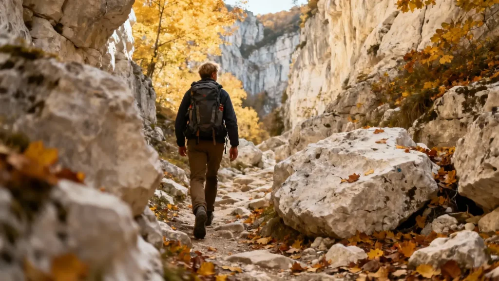 Randonneur avec sac à dos avançant prudemment sur un sentier rocheux dans les gorges de Galamus en automne