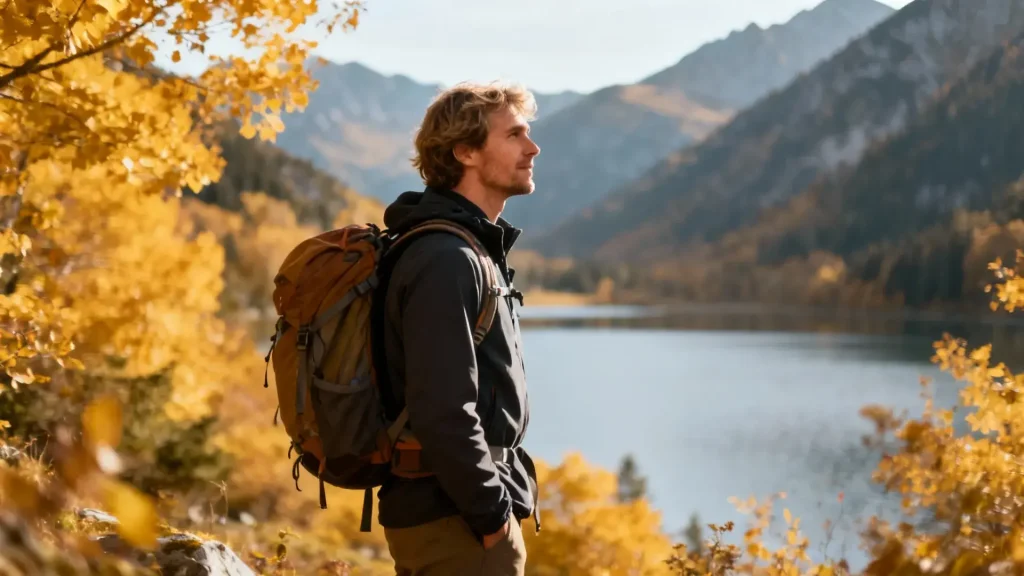 Randonneur européen avec sac à dos admirant un lac de montagne entouré de feuillage doré en automne