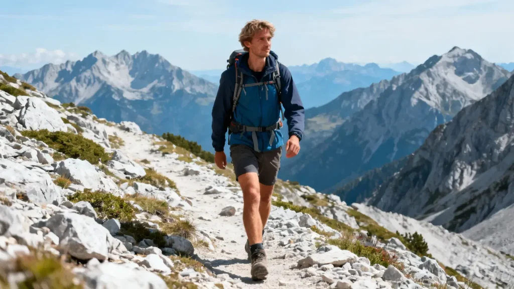 Randonneur européen avançant sur un sentier rocheux en montagne avec un paysage montagneux en arrière-plan