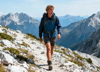 Randonneur européen avançant sur un sentier rocheux en montagne avec un paysage montagneux en arrière-plan