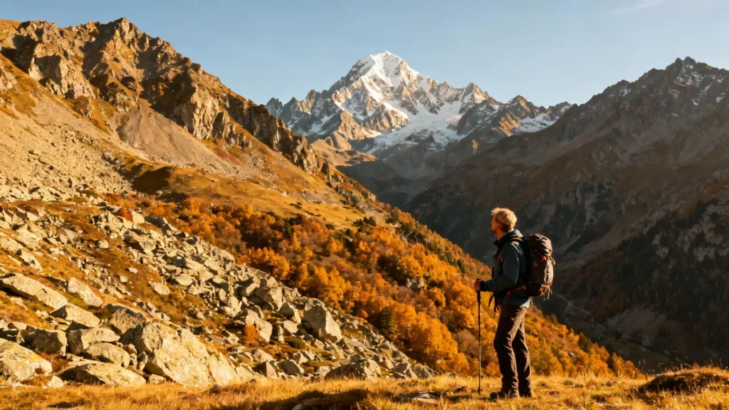 Un randonneur atteignant un col de montagne avec une vue spectaculaire sur les sommets des Pyrénées sous une lumière dorée