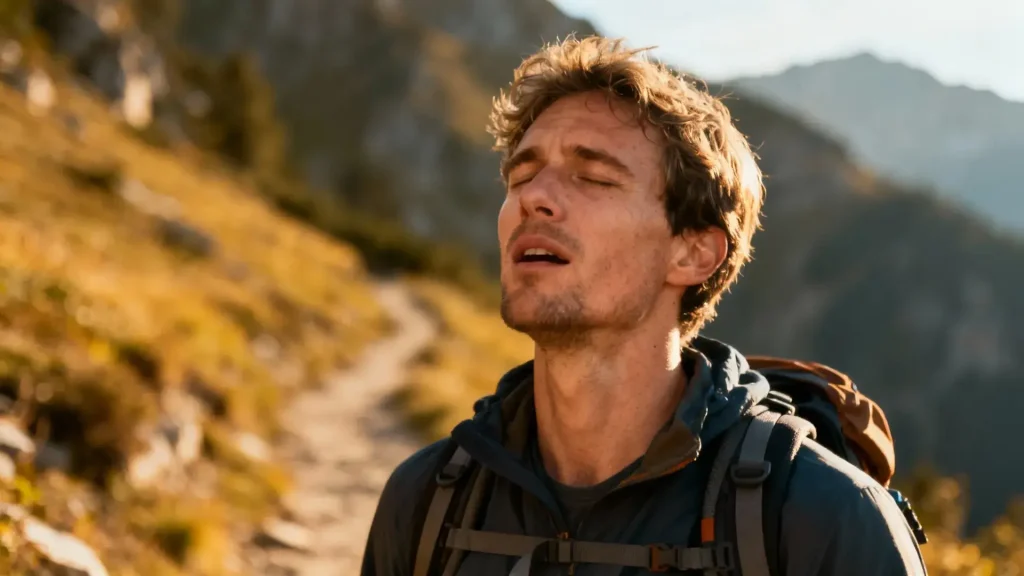 Homme pratiquant une technique de respiration profonde sur un sentier de montagne ensoleillé