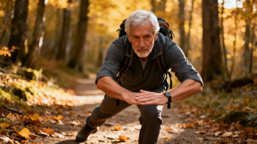 Homme senior en randonnée faisant des exercices d'équilibre sur un sentier forestier en automne