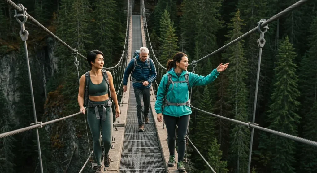 Randonneurs traversant une passerelle suspendue en montagne