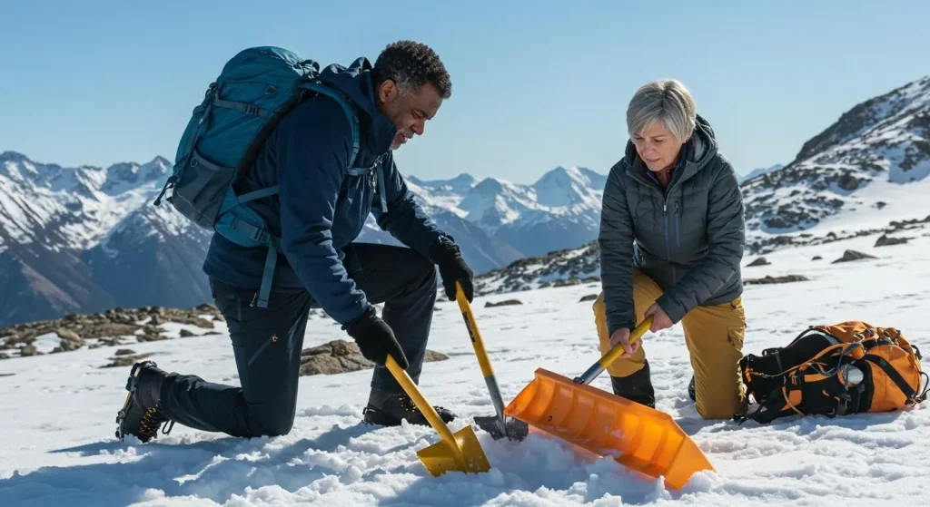Couple testant la stabilité de la neige en montagne