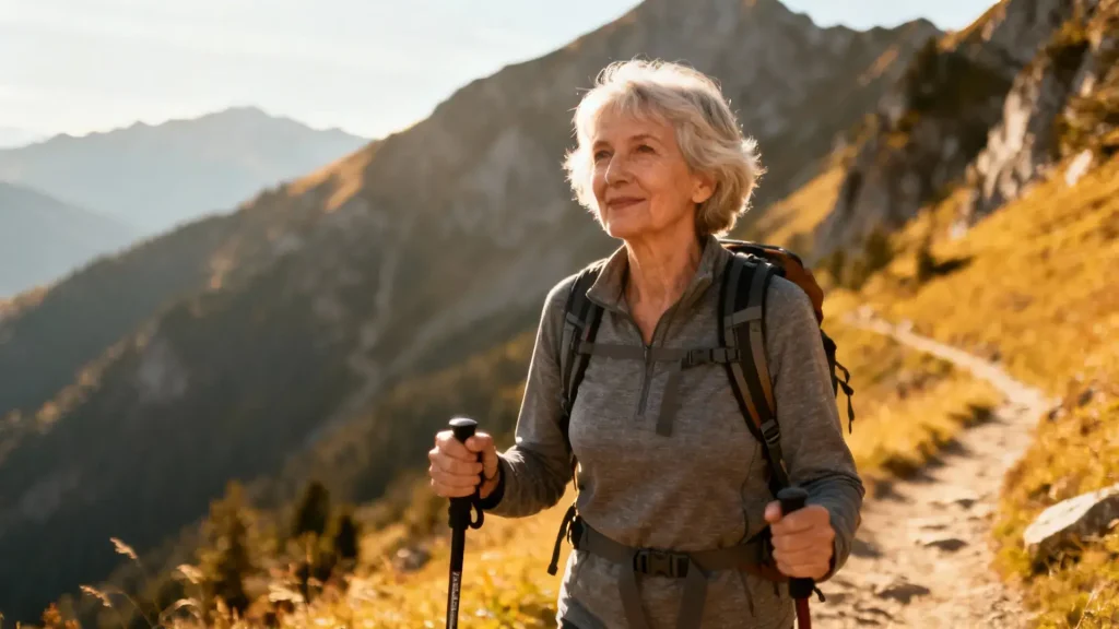 Femme senior européenne confiante avec des bâtons de randonnée sur un sentier de montagne, éclairée par une lumière naturelle douce