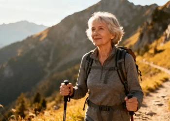 Femme senior européenne confiante avec des bâtons de randonnée sur un sentier de montagne, éclairée par une lumière naturelle douce