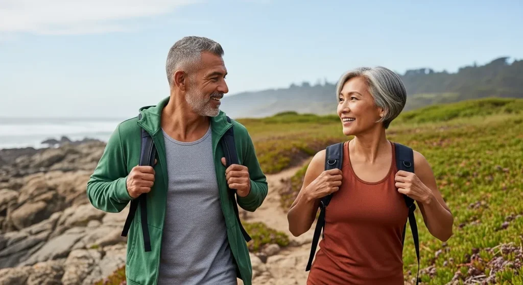 Couple de seniors en randonnée sur un sentier côtier