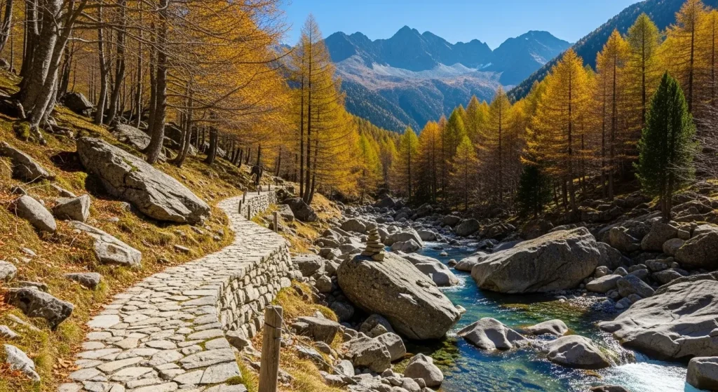 Vallée alpine avec sentier de pierre traversant une forêt ocre