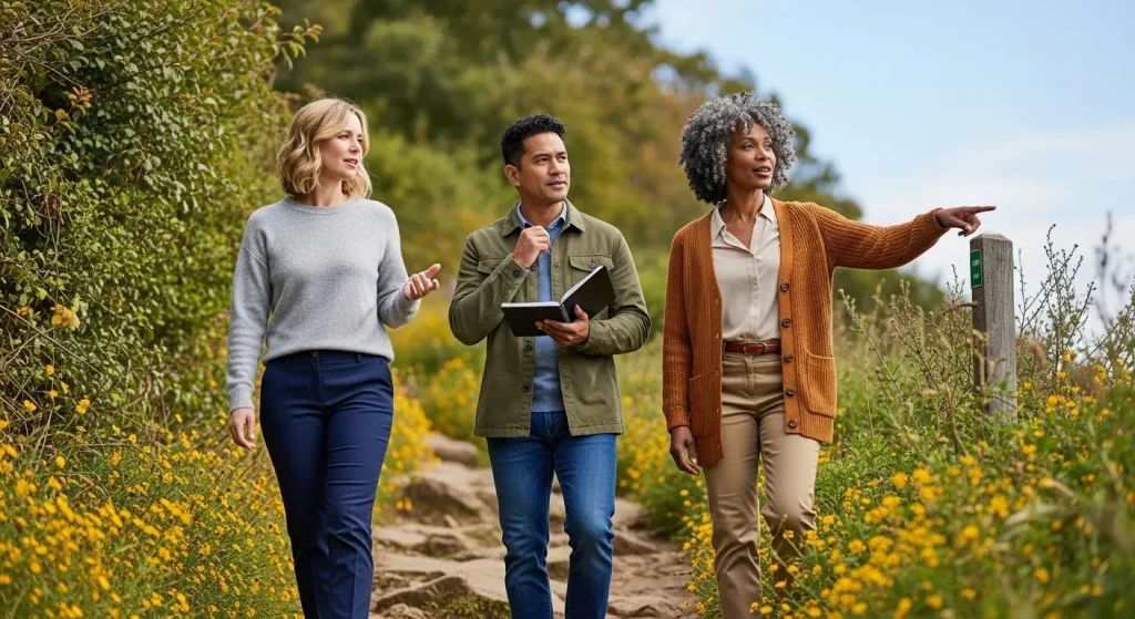 Trois collègues marchant sur un sentier naturel