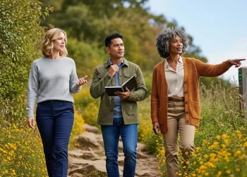 Trois collègues marchant sur un sentier naturel