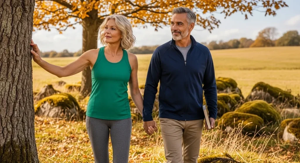 Couple marchant main dans la main en forêt automnale