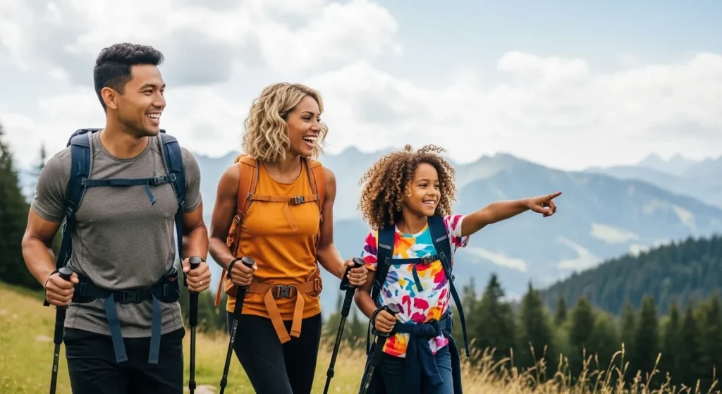 Famille joyeuse en randonnée dans les Vosges