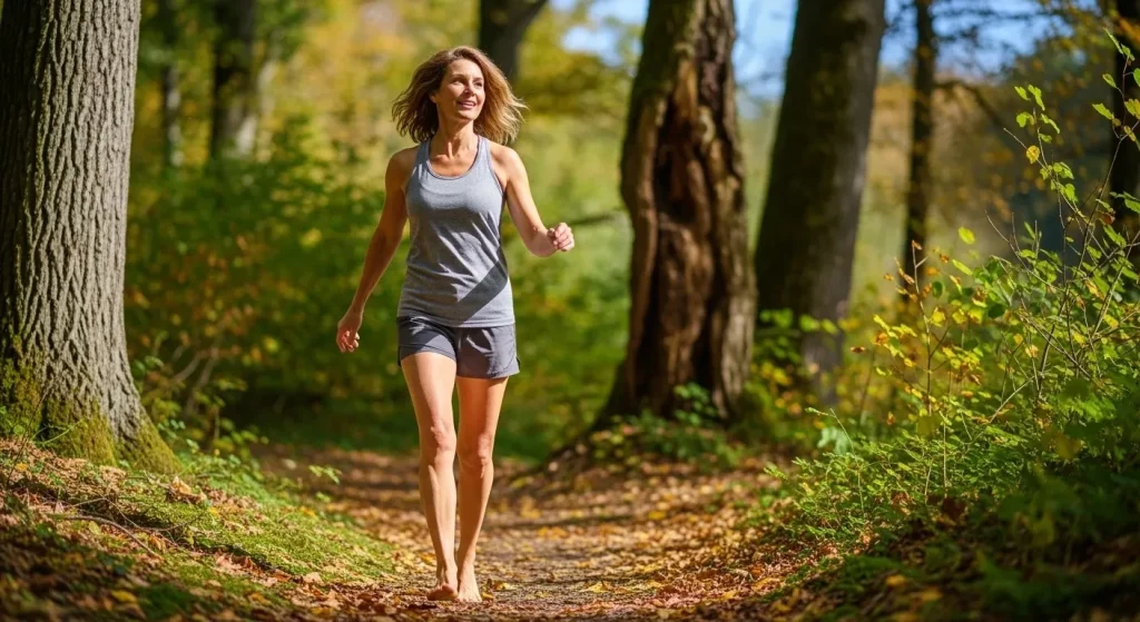Femme marchant pieds nus dans une forêt mousseuse